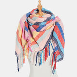 Women,Contrast,Color,Stripe,Lattice,Pattern,Tassel,Winter,Scarf,Shawl