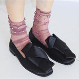 Women,Black,Harajuku,Socks,Hollow,Breathable,Pearl,Ankle,Socks