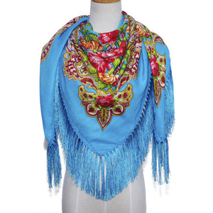 Fringed,Scarf,National,Shawl,Female,Retro,Printed,Flower,Square,Scarf