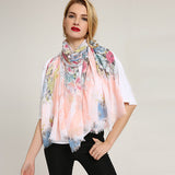 Linen,Lightweight,Peony,Chiness,Watercolor,Painting,Scarf,Summer,Breathable,Flower,Shawl,Women