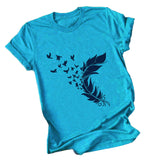 Women,Loose,Feather,Flower,Print,Summer,Breathable,Blouse,Comfortable,Cooling,Short,Sleeve