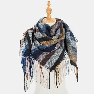 Women,Contrast,Color,Stripe,Lattice,Pattern,Tassel,Winter,Scarf,Shawl