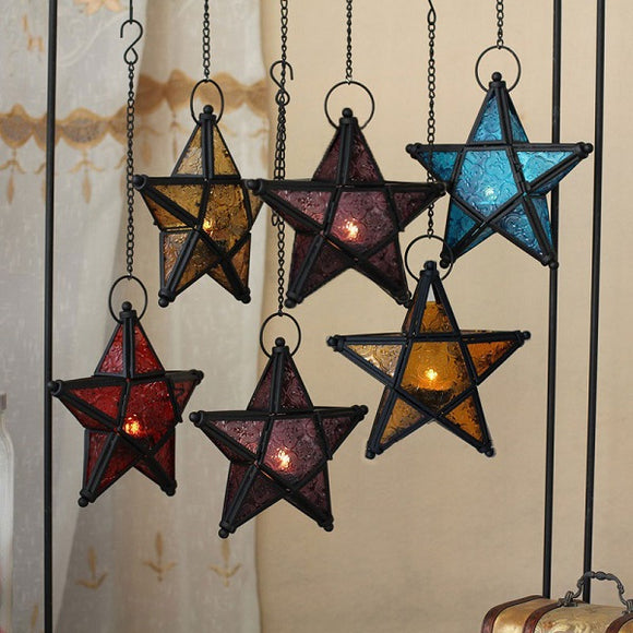 Glass,Pentagram,European,Style,Hanging,Candle,Holders,Colorful,Decor,Light