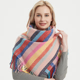 Women,Contrast,Color,Stripe,Lattice,Pattern,Tassel,Winter,Scarf,Shawl