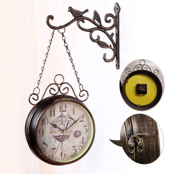 Double,Sided,Round,Mount,Hanging,Station,Silent,Clock,Vintage,Retro,Decorations