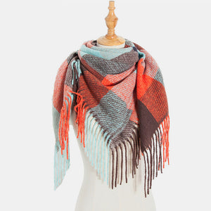 Women,Contrast,Color,Stripe,Lattice,Pattern,Tassel,Winter,Scarf,Shawl