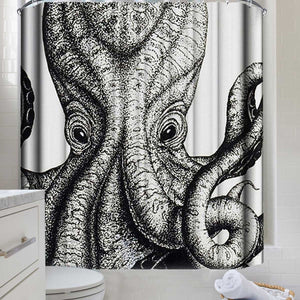 Black,White,Octopus,Cuttlefish,Shower,Curtain,Waterproof,Washable,Curtains,Hooks