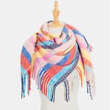 Women,Contrast,Color,Stripe,Lattice,Pattern,Tassel,Winter,Scarf,Shawl