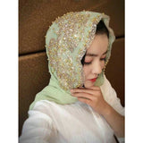 Women,Chiffon,Beaded,Headband,Scarf,Arabian,Scarf,Turban,Shawl